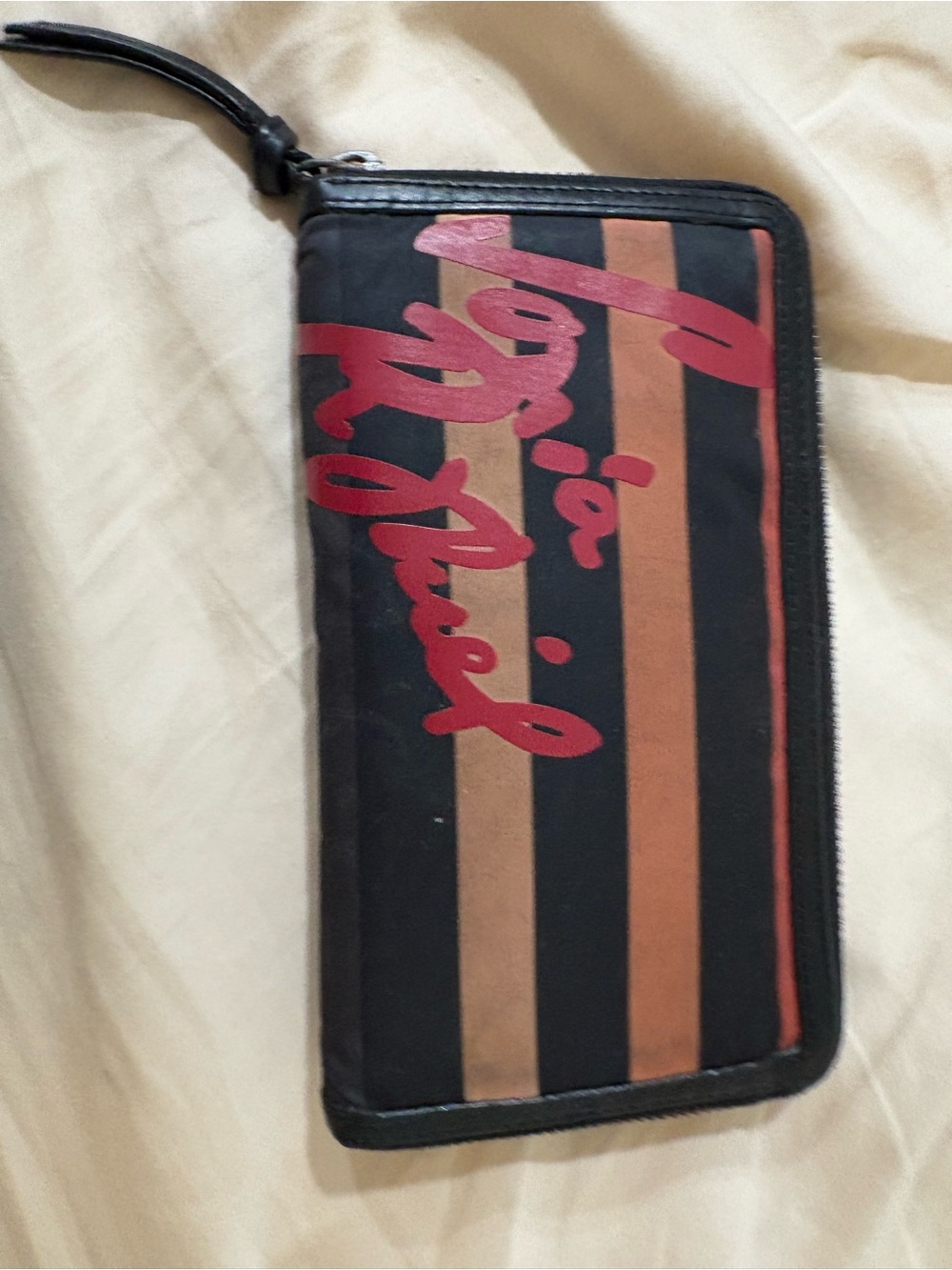 Sonia Rykiel Black & color Striped Zip wallet Case with Red Script
